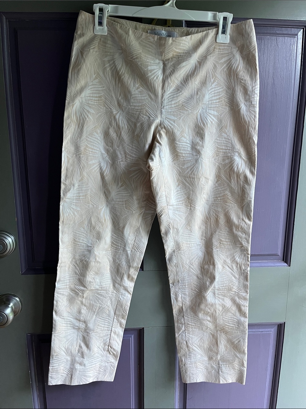 Max Mara Beige Palm Leaf Jacquard Cropped Trousers Made in Italy Size 6